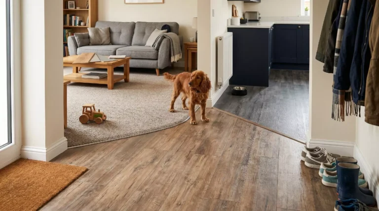 dog in living room with carpet laminate and vinyl